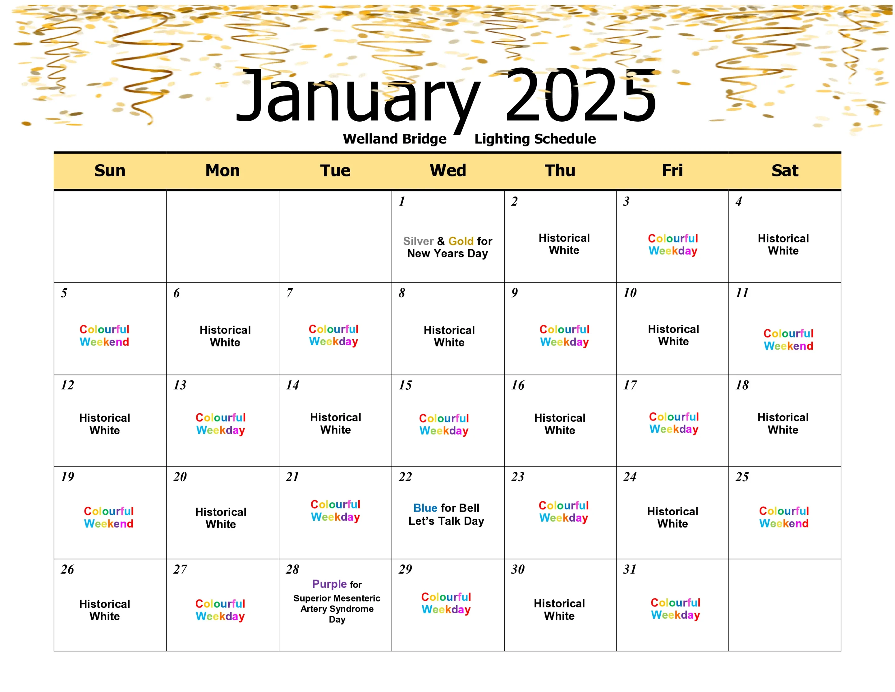 November 2023 lighting schedule for Welland Bridge 13